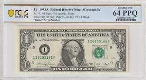 $1 1988A FRN Fr# 1919-I IF Block PCGS UNC 64 PPQ Minneapolis Radar Serial # - Picture 1 of 2