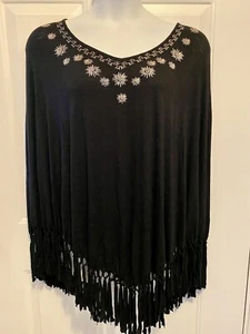NWT Avenue Black Gold Poncho Shirt Jacket 2X 26/28 Fringe Boho Embroidered - Picture 1 of 6