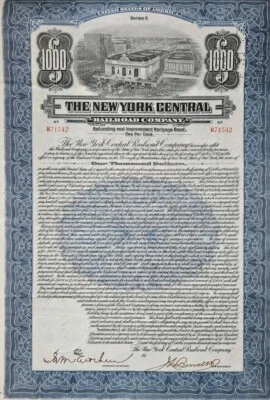 Raro Antiguo Ferrocarril Central de Nueva York 1921 $1000 5% Certificado de Bono Azul Foto 1 de 4