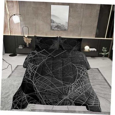  Conjunto de edredom tamanho preto e branco conjunto de cama para crianças adultos teia de aranha completa - Imagem 1 de 4