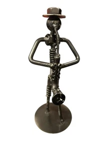 Metal Art Repurposed Nuts & Bolts Sculpture Steampunk Music Saxophone Player 8” - Picture 1 of 6