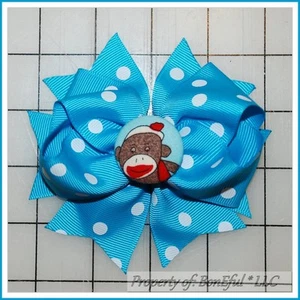 BonEful RTS NEW Girl Boutique Hair*Bow Ribbon Aqua White Dot Sock Monkey Fabric - Picture 1 of 6