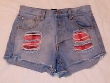 MINKPINK Distressed Short Shorts Size M Pink Plaid Patches Cutoffs Button Fly 