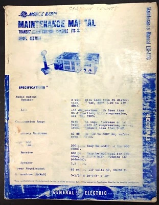GE Transistorized Control Console 4EC71A11 Two-Way FM Radio Manual LBI4150 - Image 1 of 4