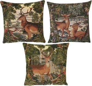 STAG DOE FAWNS IN FOREST, SET OF 3 X 18" BELGIAN TAPESTRY PILLOW CUSHION COVERS - Picture 1 of 11