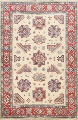 Vegetable Dye Super Kazak IVORY Geometric Oriental Area Rug Handmade Wool 6'x9' - Image 1 of 4
