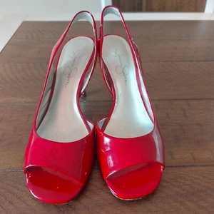 Jessica Simpson Red Patent Leather Peep Toe Sling Back Pump  7.5 - Picture 1 of 9