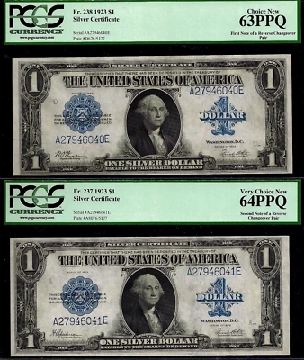 1923 $1 Silver Certificate PCGS 64PPQ reverse changeover Fr 238 Fr 237 - Image 1 of 2