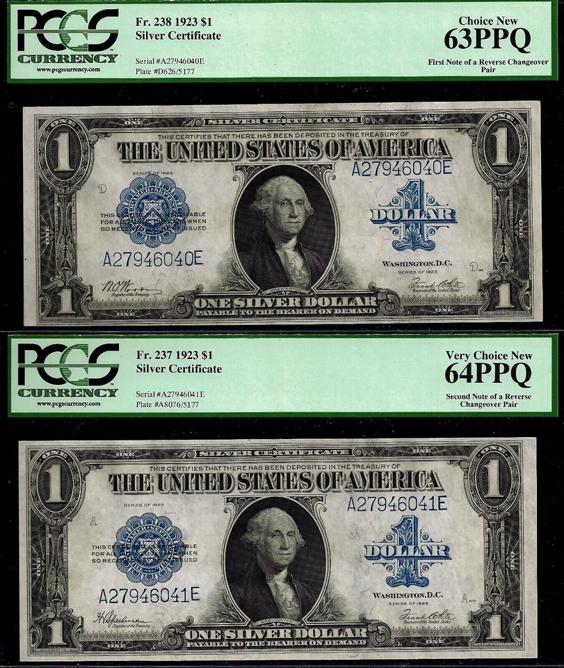1923 $1 Silver Certificate PCGS 64PPQ reverse changeover Fr 238 Fr 237 - Image 1 of 2