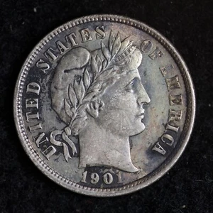 1901 Barber Silver Dime AU TONED OLD COIN B135 - Picture 1 of 2