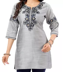 Kurtis for Women Silk Blend Grey Indian Kurti Tunic Kurta Shirt Dress RJ203GR - Picture 1 of 8