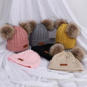 Toddler Kids Winter Warm Knitted Fur Double Pom Bobble Hat Boy Girl Beanie Cap - Picture 1 of 20