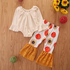 Toddler Girls Outfit Halloween Pumpkin Prints Long Sleeves Romper Sunflowers... - Picture 1 of 1