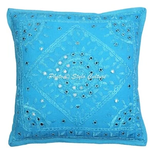 Indian Cotton Couch Throw Pillows Turquoise Embroidery Mirror Cushion Cover - Picture 1 of 4