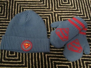NWT BABY GAP Superman Knit Hat and Mittens Set S/M Blue Red - Picture 1 of 2