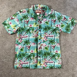 Camicia hawaiana RJC con bottoni fenicotteri floreali blu manica corta uomo S USA - Foto 1 di 8