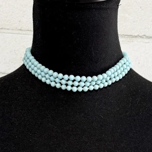 Vintage 60’s Blue Milk Glass Three Layered Choker Necklace - Picture 1 of 9