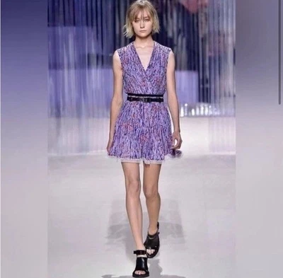 Carven Pleated Sleeveless Mini Dress Purple Poppy Floral Runway Size 36 / Small - Image 1 of 4