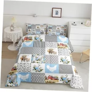 Farmhouse Plaid Full Size Comforter Set,Highland Cattle Chicken Animals - Picture 1 of 8