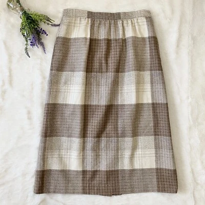Falda lápiz Prestige Of Boston vintage a cuadros de lana beige y crema talla 14 clásica Foto 1 de 4