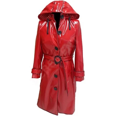 Women's PVC Leather Trench Vinyl Shiny Light Weighted Raincoat Hood Trench Coats - Image 1 of 4