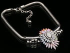 European Dull Pink Green Lucite Petal Statement Silver Plated Chain Necklace N97