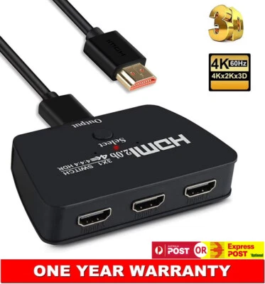 HDMI 3 in 1 Out Switch Box Adapter w/ Cable 4K 60Hz UltraHD 3D HDCP 2.2 AU Stock - Image 1 of 4