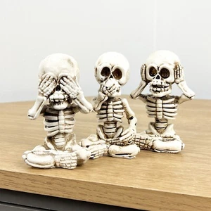 3 Wise Skeletons Figurines Ornaments Halloween Decor See Speak Hear No Evil Gift - Picture 1 of 8