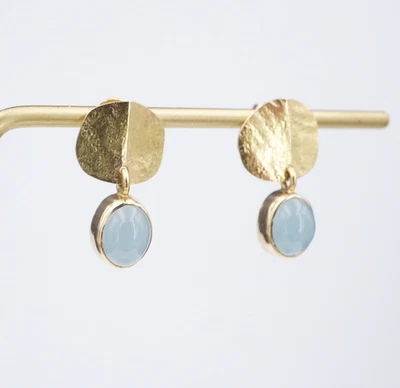 18k Earrings Tom Odell Aquamarine Hammered Disc Drop Yellow Gold 0.9" EG2668 - Image 1 of 3