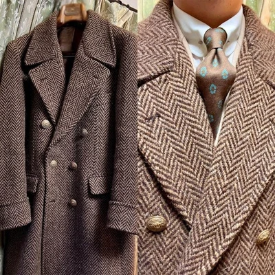Men Brown Herringbone Coat Double Breasted Jacket Notch Lapel Cashmere Tweed - Image 1 of 4