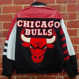 Vintage 90s JEFF HAMILTON x CHICAGO BULLS NBA Basketball Leather Twill Jacket - Picture 1 of 12