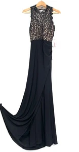 XSCAPE Halter Gown Long Dress Lace Open Back Side Slit Black Nude XS9017P sz 10P - Picture 1 of 15