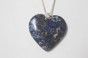 Natural Blue Sea Sediment Heart stone 100% Solid .925 SS 19" rope chain NIB - Picture 1 of 5