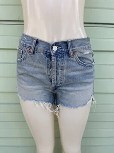 ZARA TRF Mid Rise Blue Denim Shorts Distressed Raw Hem Waist 26" size 2 #7439 - Picture 1 of 7