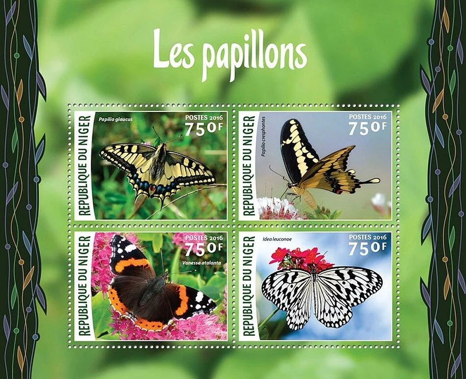 BUTTERFLIES Insect 4-Value MNH Stamp Sheet #209 (2016 Niger) — 第 1/1 张图片