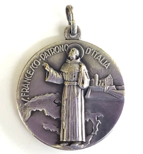 Vintage Heiliger Franziskus Schutzpatron von Italien Silber Platte Messing Medaille 15/16" Anhänger - Bild 1 von 4
