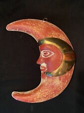 Vintage Folk Art Pottery Terra Cotta Moon Face Copper & Brass Embellishment