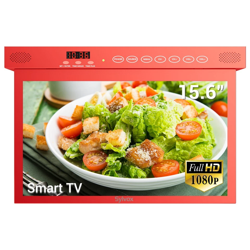 15.6" Televison for Kitchen Under Cabinet TV 1080P  LED Clock Alarm Clock Red - Image 1 of 4