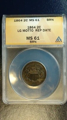 1864 ANACS MS61 BN LARGE MOTTO TWO CENT PIECE 2C Coin PRICED TO SELLNOW! - Image 1 of 4