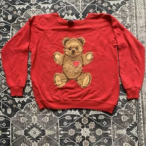 Vintage 90er Unisex roter Teddybär Applikation Sweatshirt hässlich Weihnachtspullover M - Bild 1 von 16