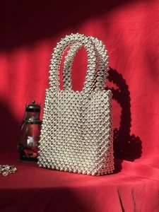 Pearl Bag, Acrylic Beaded Handmade Women’s Bag Pearl Clutch Purse Handheld Small - Picture 1 of 13