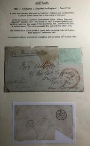 1867 Hobart Tasmania Ship Mail Date Error Cover To England Via Marseille - Picture 1 of 6