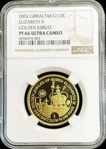 2002 GOLD GIBRALTAR 1/2 OZ GOLDEN JUBILEE CROWNED JEWELS NGC PROOF 66 UC - Picture 1 of 2