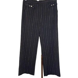 Larry Levine petite stretch 10 P black pinstripe snap straps at pockets, wide le - Picture 1 of 10