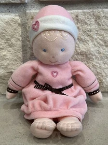 UU) Carter's Baby Doll Pink White Dress Hat Blond Hair Brown Bow Plush Rattle - Picture 1 of 5