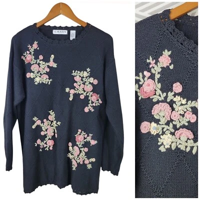 Vintage 90s Sweater Floral Embroidered Size Small Black Pink Cottagecore Preppy - Image 1 of 4
