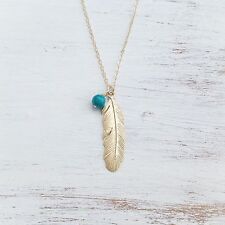 Long Necklace Feather Pendant 14K Gold Filled Trendy Jewelry Blue Bead Fashion