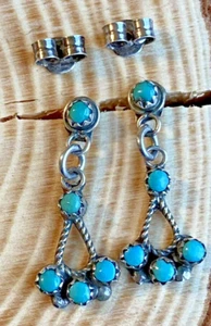 Zuni Needle Point Post Earrings 1" DangleDrop  SleepingBeauty Turquoise Vintage - Picture 1 of 5