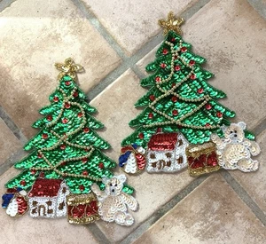Vintage Elegance Seasonal Accents Sequin Applique Christmas Trees Set Of 2 - Picture 1 of 5