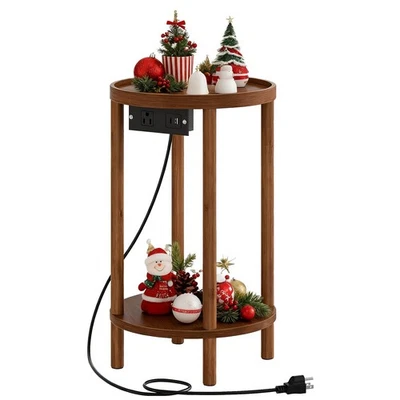 Mesa auxiliar redonda pequeña con estación de carga, mesa auxiliar redonda de bambú de 2 niveles,... Foto 1 de 4